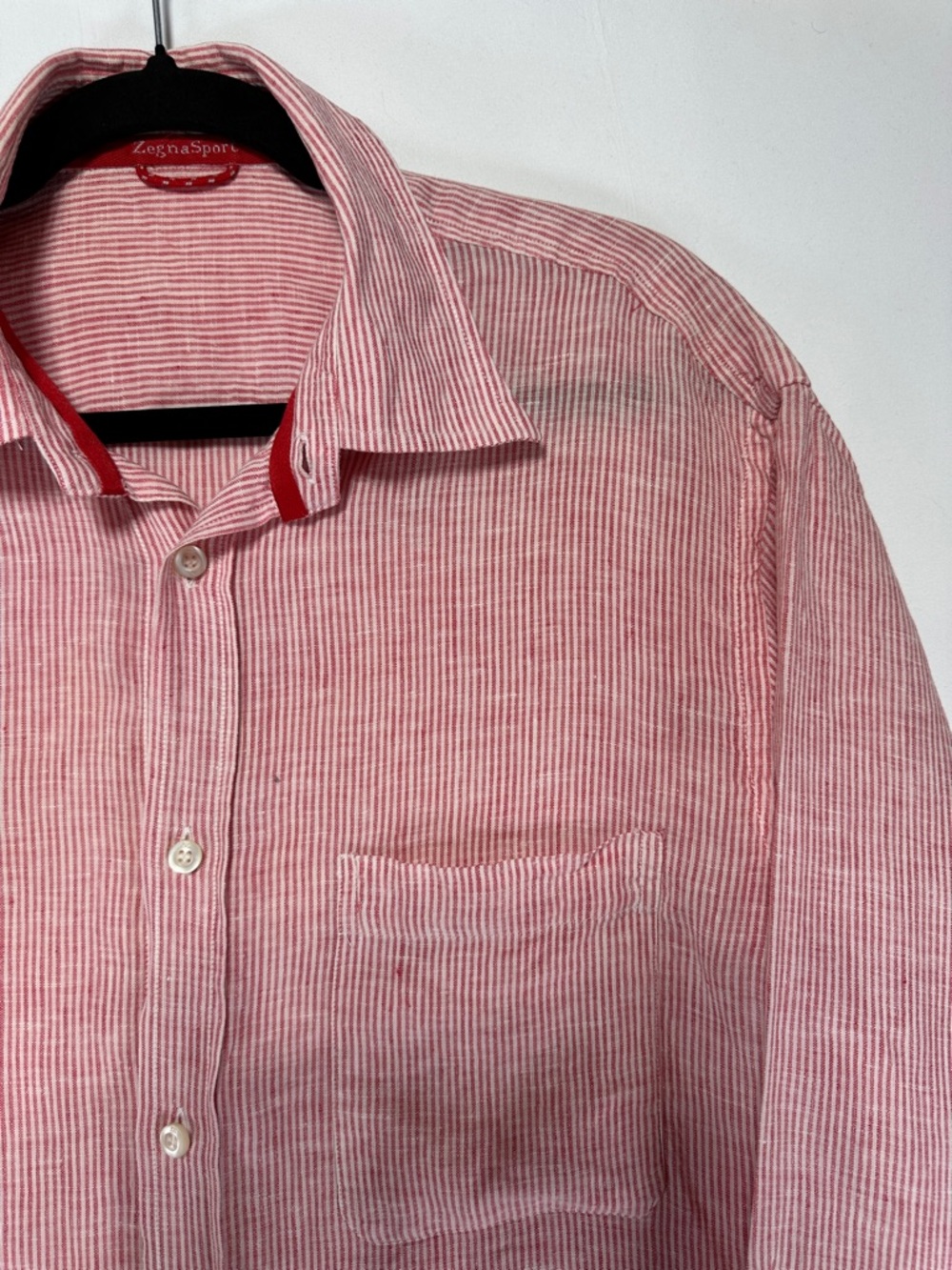 Zegna Sport Linen Button Down Shirt Red Pinstripe Lightweight Size L